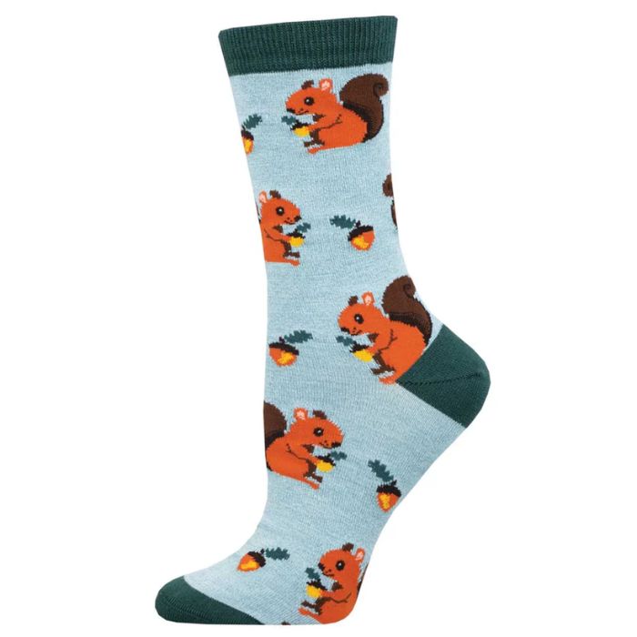 Nuts for squirrels sock blue sock with squirrel and acorn print on white background