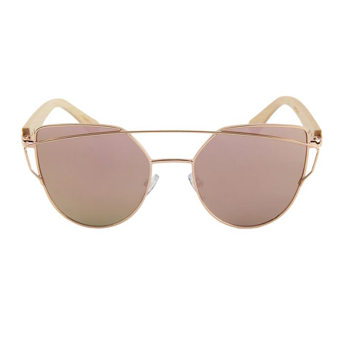 olive sunglasses gold wire frames and rose gold mirror lenses front view on white background
