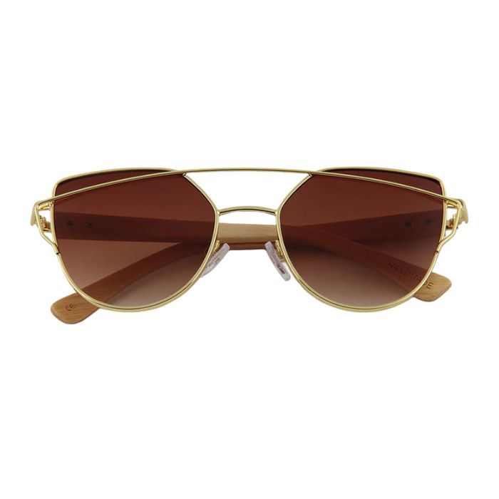olive sunglasses gold wire frames and brown lenses front view on white background