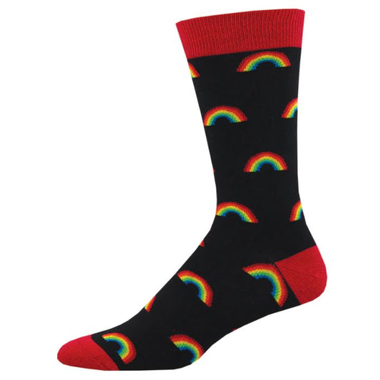 On the bright side sock black crew sock with rainbow print on white background