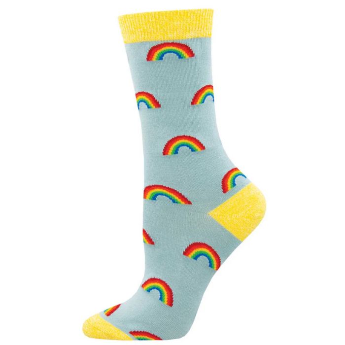 On the bright side sock light blue crew sock with rainbow print on white background