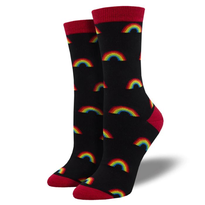 On the bright side socks black crew socks with rainbow print on white background