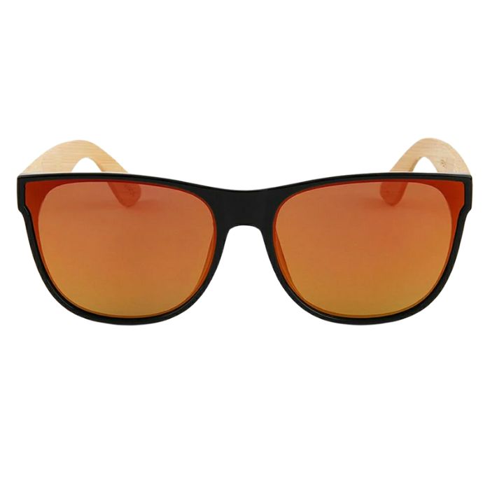 papaya sunglasses black frames and gold mirror lenses over view of sunglasses on white background