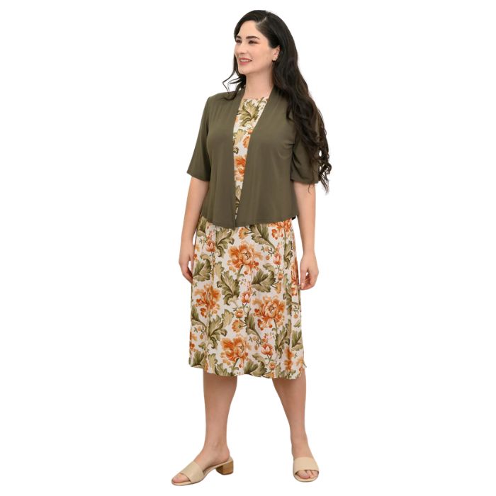 female model wearing khaki tapestry print patricia dress and khaki green doda jacket front view on white background