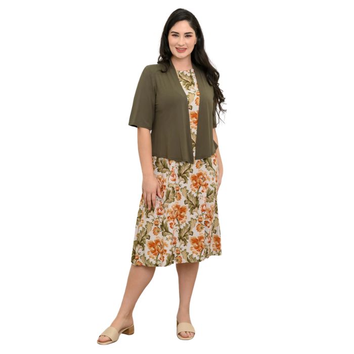 female model wearing khaki tapestry print patricia dress and khaki green doda jacket front view on white background