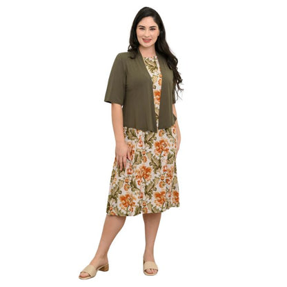 female model wearing khaki tapestry print patricia dress and khaki green doda jacket front view on white background