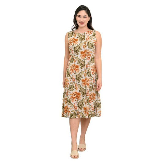 female model wearing khaki tapestry print patricia dress back view on white background
