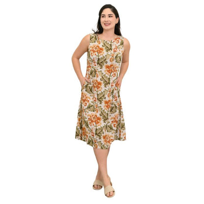 female model wearing khaki tapestry print patricia dress back view on white background