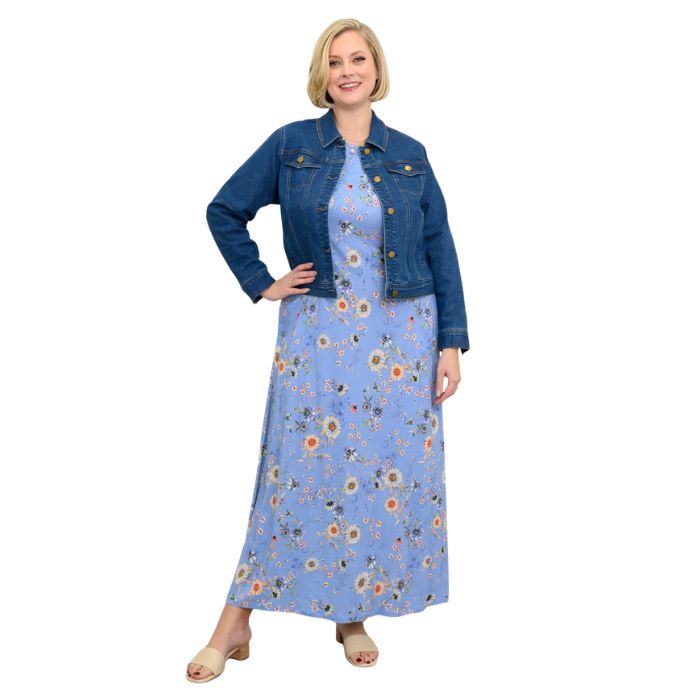 female model wearing peri daisy print  patricia dress and denimm blue vilmar jacket front view on white background