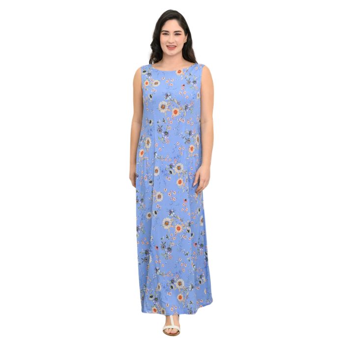 female model wearing peri daisy print  patricia dress front view on white background