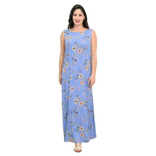 female model wearing peri daisy print  patricia dress front view on white background