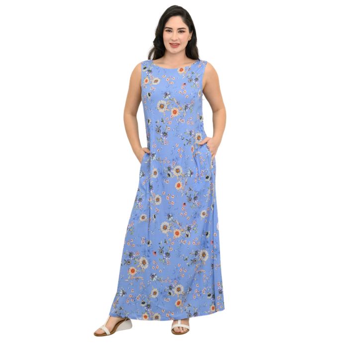 female model wearing peri daisy print  patricia dress front view on white background