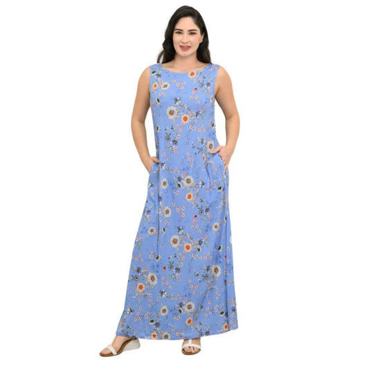 female model wearing peri daisy print  patricia dress front view on white background