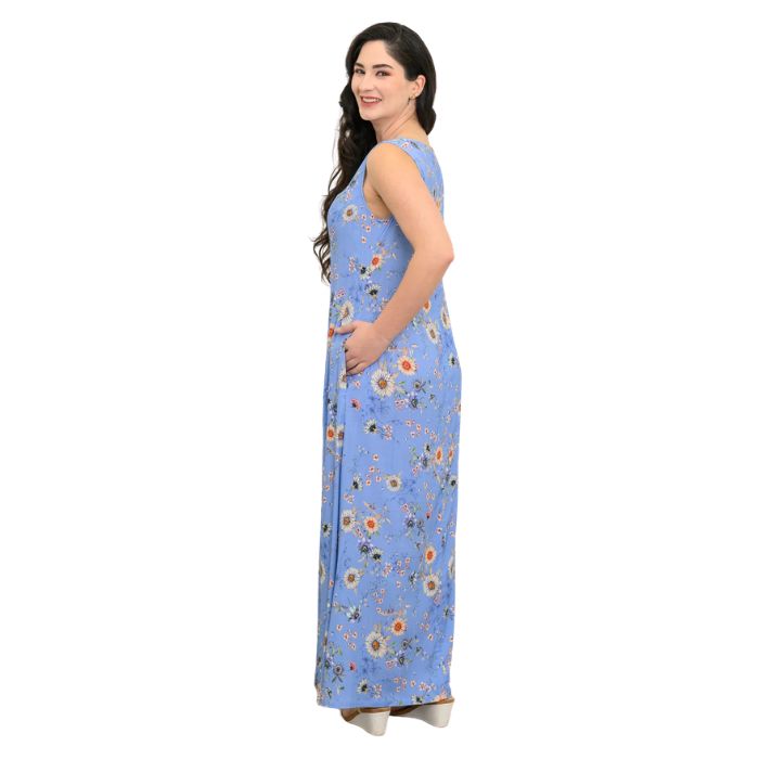 female model wearing peri daisy print  patricia dress side view on white background