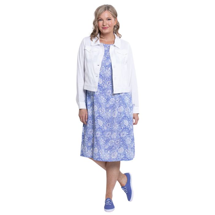 female model wearing peri teatime print  patricia dress and white colleen jacket front view on white background