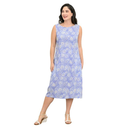 female model wearing peri teatime print  patricia dress front view on white background
