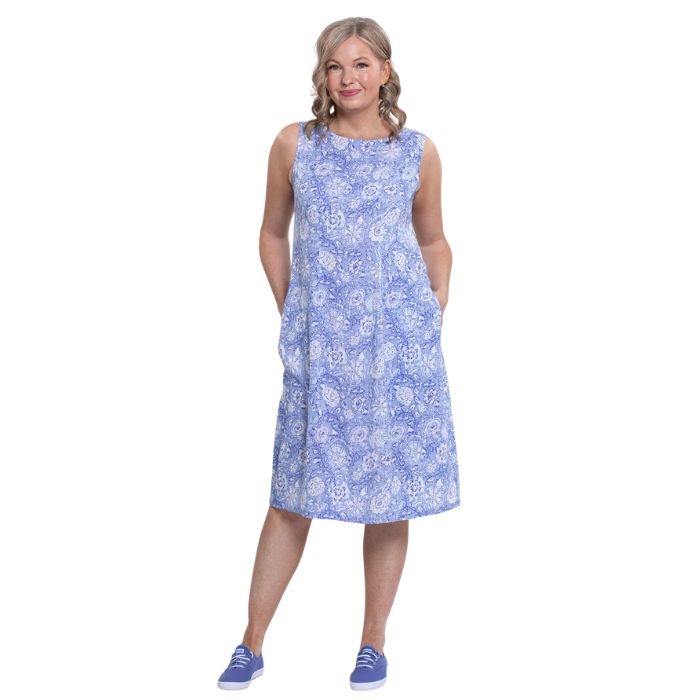 female model wearing peri teatime print  patricia dress front view on white background