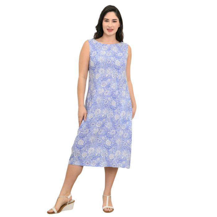 female model wearing peri teatime print  patricia dress front view on white background