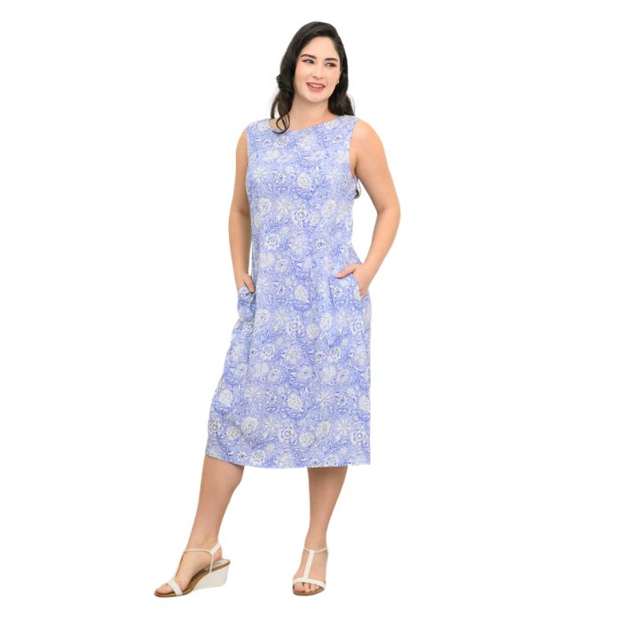 female model wearing peri teatime print  patricia dress front view on white background