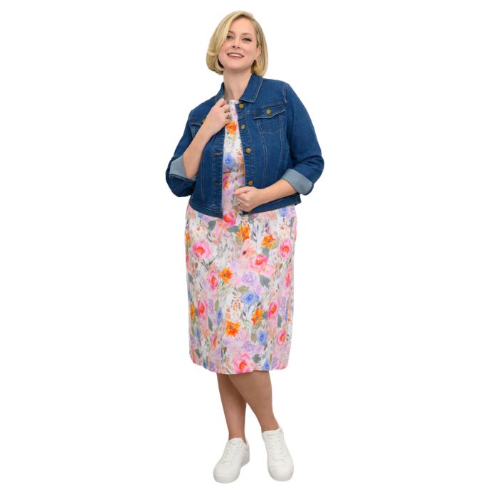 female model wearing pink bouquet print patricia dress and denim blue vilmar jacket front view on white background