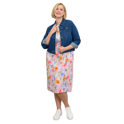 female model wearing pink bouquet print patricia dress and denim blue vilmar jacket front view on white background