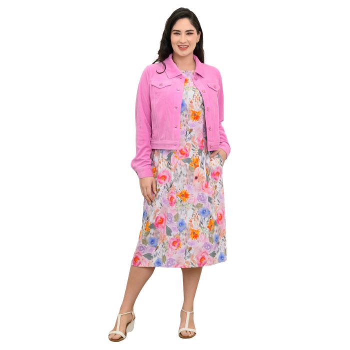 female model wearing pink bouquet print patricia dress and pink colleen jacket front view on white background
