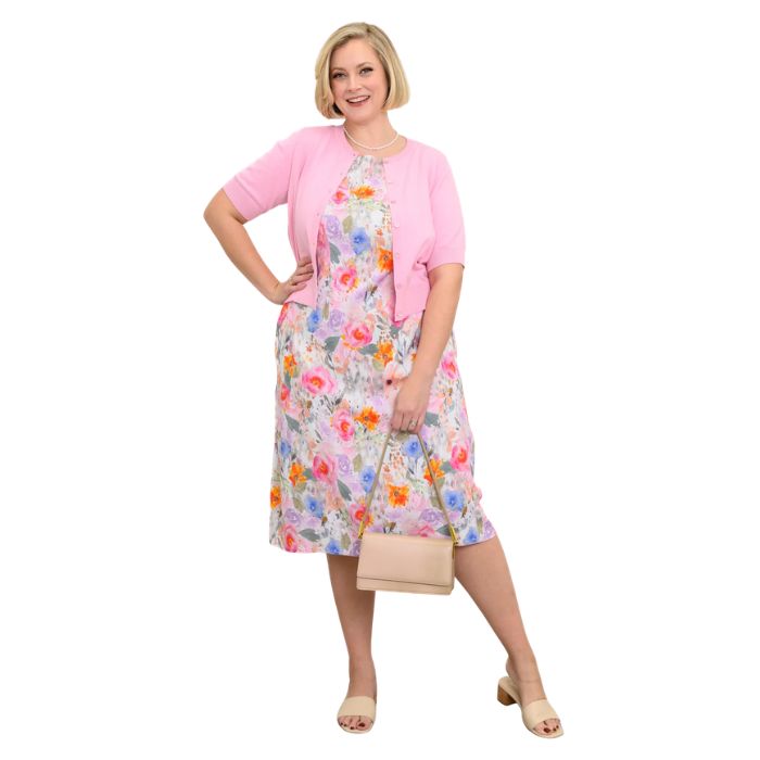 female model wearing pink bouquet print patricia dress and pink shen cardigan front view on white background