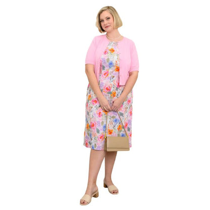 female model wearing pink bouquet print patricia dress and pink shen cardigan front view on white background