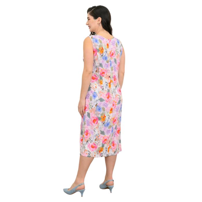female model wearing pink bouquet print patricia dress back view on white background