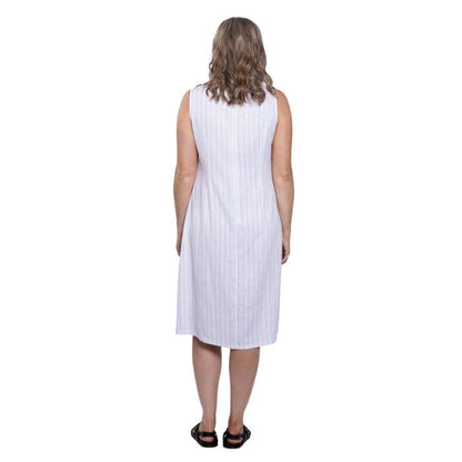 female model wearing white stripe print  patricia dress back view on white background