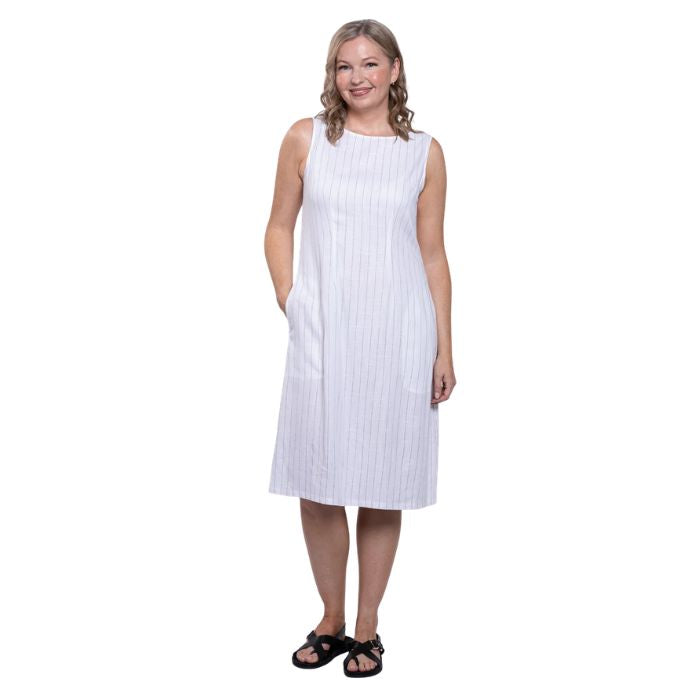 female model wearing white stripe print  patricia dress front view on white background