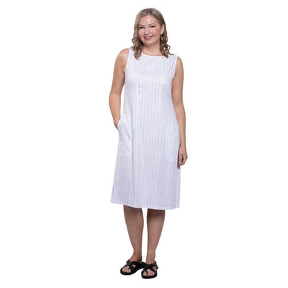 female model wearing white stripe print  patricia dress front view on white background
