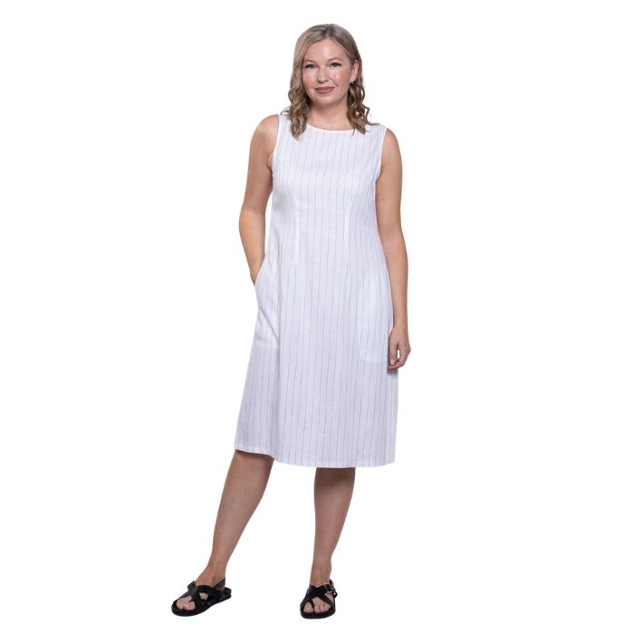 female model wearing white stripe print  patricia dress front view on white background