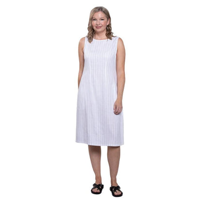 female model wearing white stripe print  patricia dress front view on white background
