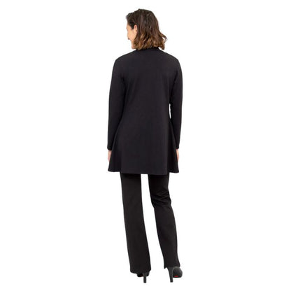 female model wearing black pauline jacket tonya top and black daya pants back view on white background