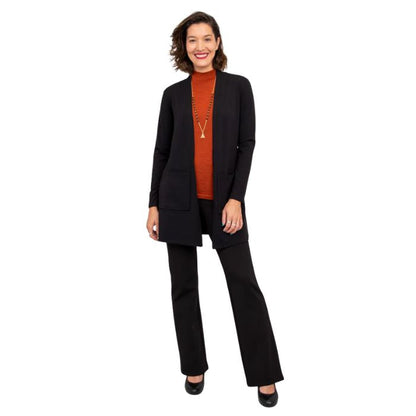 female model wearing black pauline jacket tonya top and black daya pants front view on white background