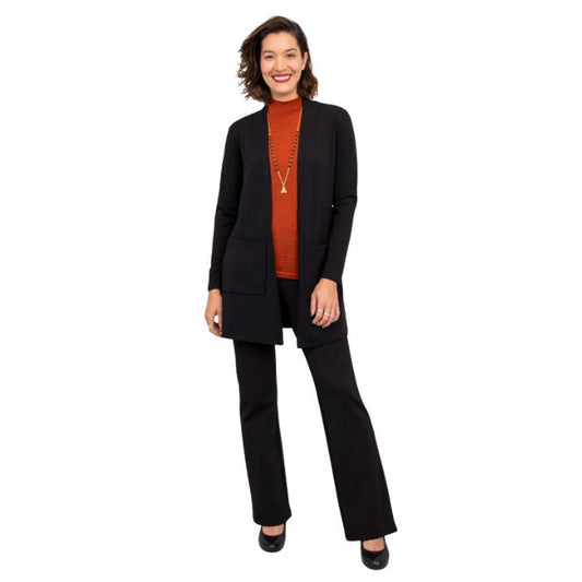 female model wearing black pauline jacket tonya top and black daya pants front view on white background