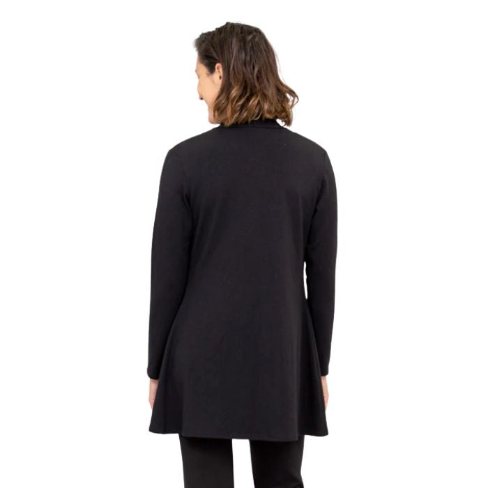 female model wearing black pauline jacket back view on white background