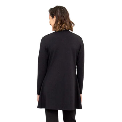 female model wearing black pauline jacket back view on white background