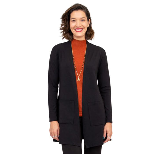 female model wearing black pauline jacket front view on white background