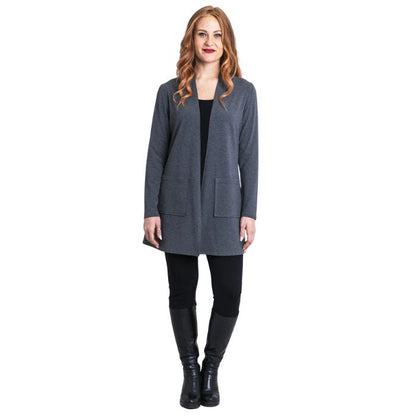 female model wearing graphite grey pauline jacket black reanna tank top and black nadia pants front view on white background