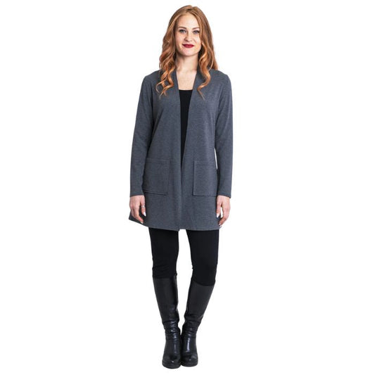 female model wearing graphite grey pauline jacket black reanna tank top and black nadia pants front view on white background