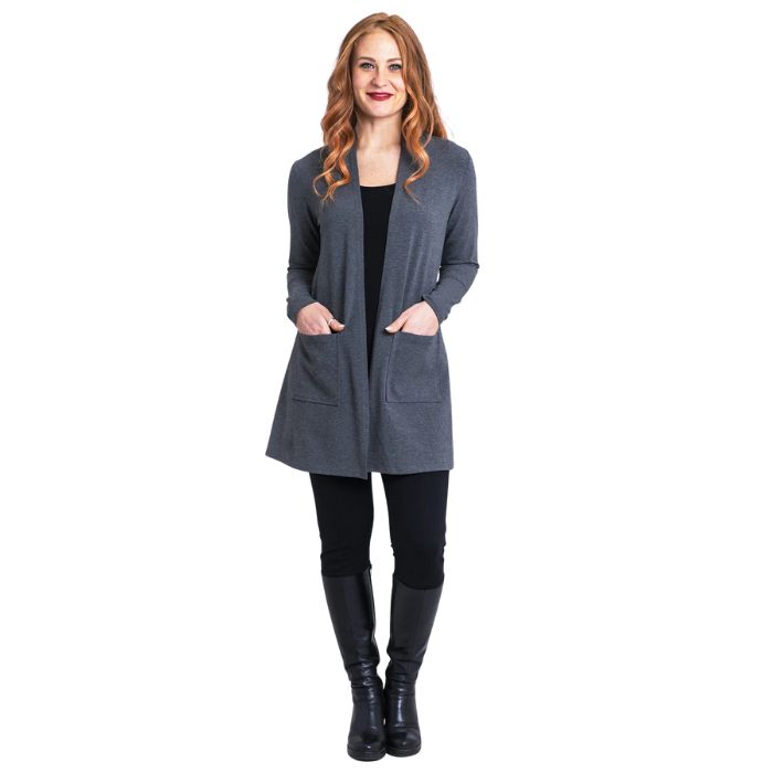 female model wearing graphite grey pauline jacket black reanna tank top and black nadia pants front view on white background