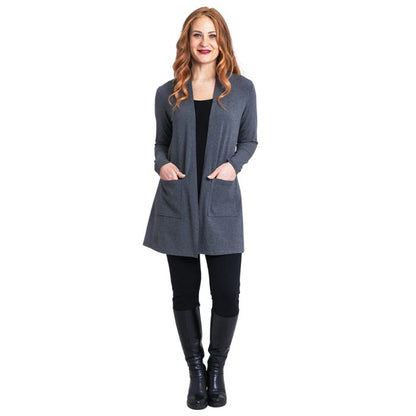 female model wearing graphite grey pauline jacket black reanna tank top and black nadia pants front view on white background