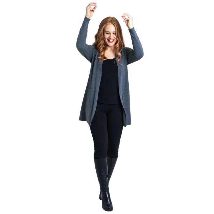 female model wearing graphite grey pauline jacket black reanna tank top and black nadia pants front view on white background