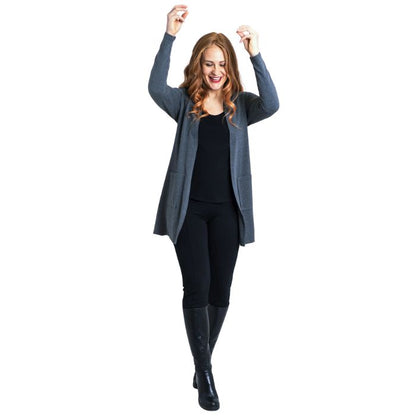 female model wearing graphite grey pauline jacket black reanna tank top and black nadia pants front view on white background