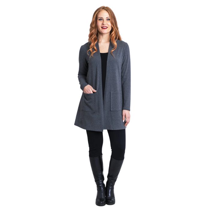 female model wearing graphite grey pauline jacket black reanna tank top and black nadia pants front view on white background