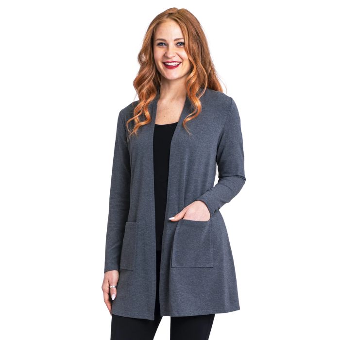 female model wearing graphite grey pauline jacket front view on white background