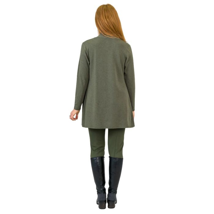 female model wearing khaki green pauline jacket black tonya top and khaki green nadia pants back view on white background