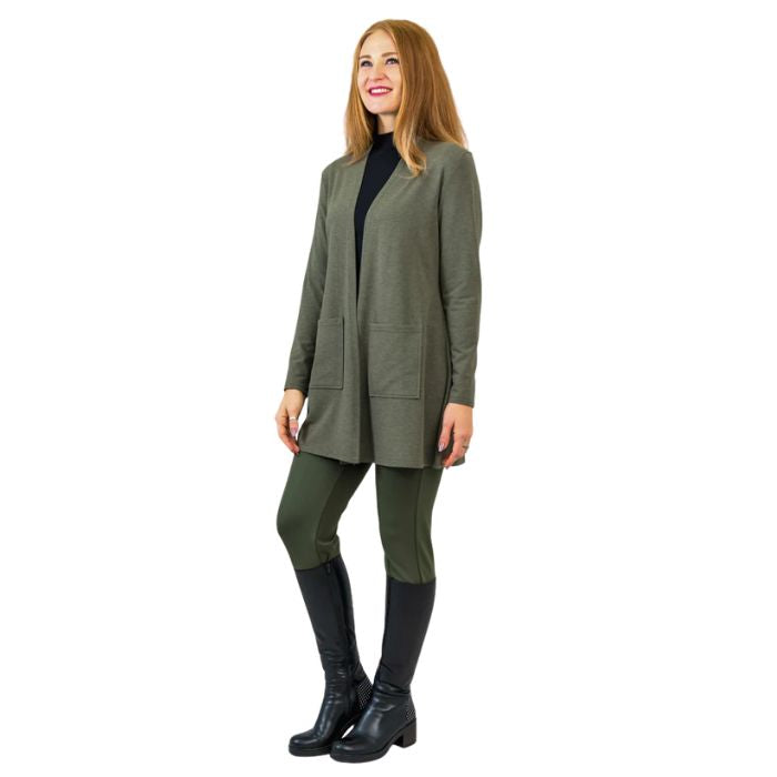 female model wearing khaki green pauline jacket black tonya top and khaki green nadia pants front view on white background